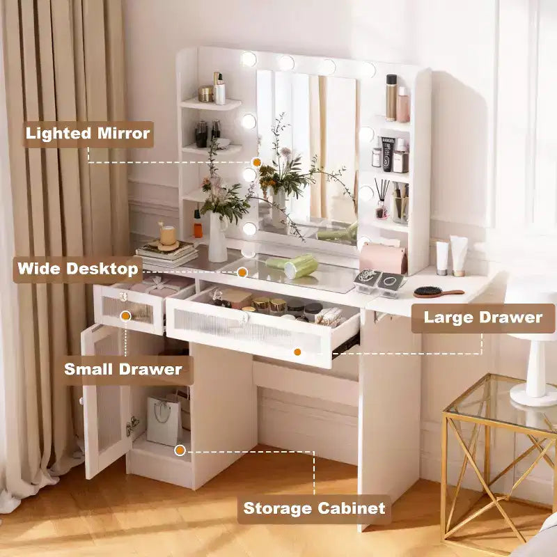 Coiffeuse blanche avec miroir RGB, lampe de bureau, port de chargement USB, armoires et tiroirs