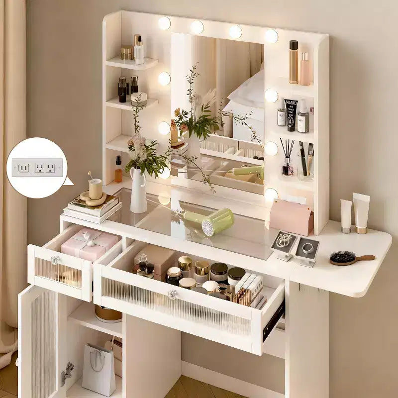 Coiffeuse blanche avec miroir RGB, lampe de bureau, port de chargement USB, armoires et tiroirs
