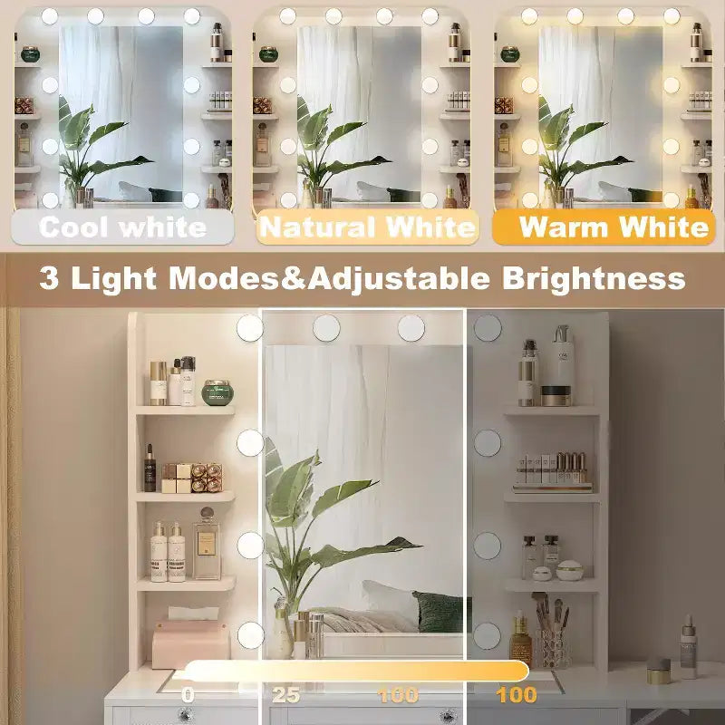 Coiffeuse blanche avec miroir RGB, lampe de bureau, port de chargement USB, armoires et tiroirs