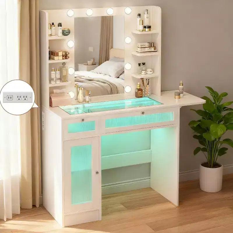 Coiffeuse blanche avec miroir RGB, lampe de bureau, port de chargement USB, armoires et tiroirs