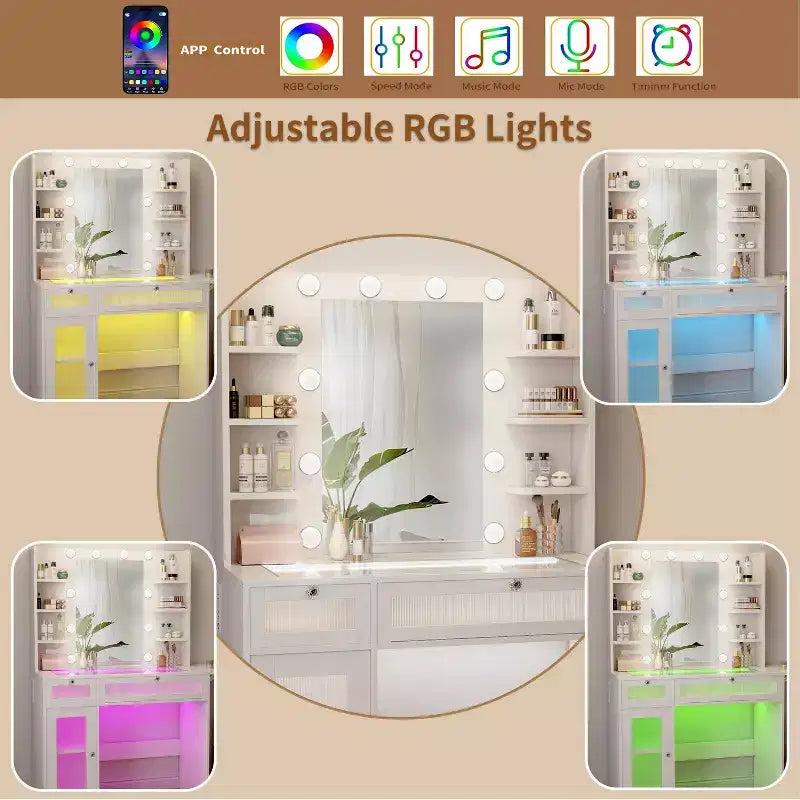 Coiffeuse blanche avec miroir RGB, lampe de bureau, port de chargement USB, armoires et tiroirs