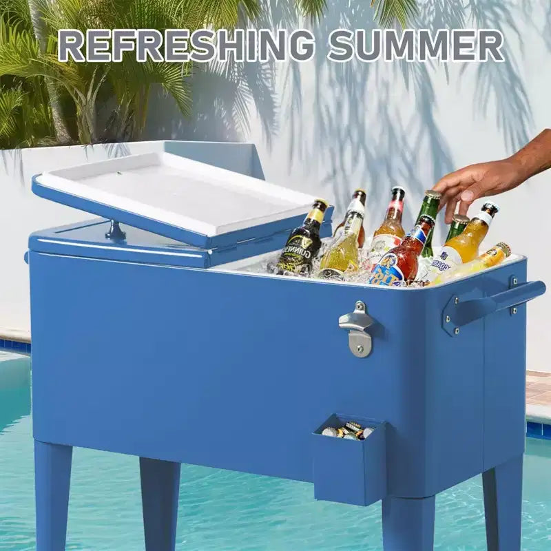 Glacière roulante 80 pintes, chariot de bar portable avec bac de récupération, plateau de rangement inférieur pour terrasse, barbecue, plage, bleu, 34.3*15.2*35.8