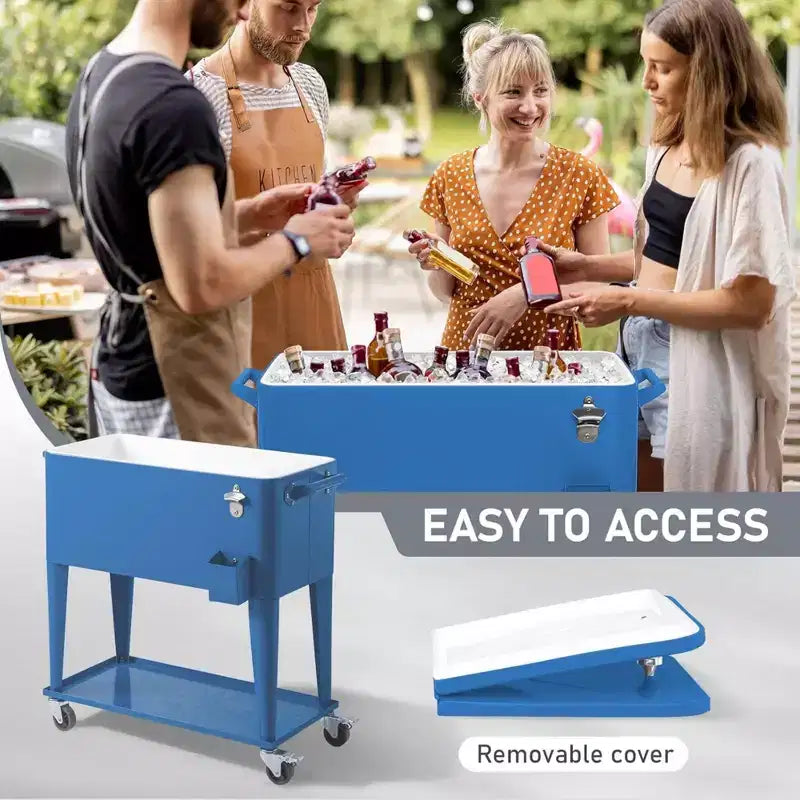 Glacière roulante 80 pintes, chariot de bar portable avec bac de récupération, plateau de rangement inférieur pour terrasse, barbecue, plage, bleu, 34.3*15.2*35.8