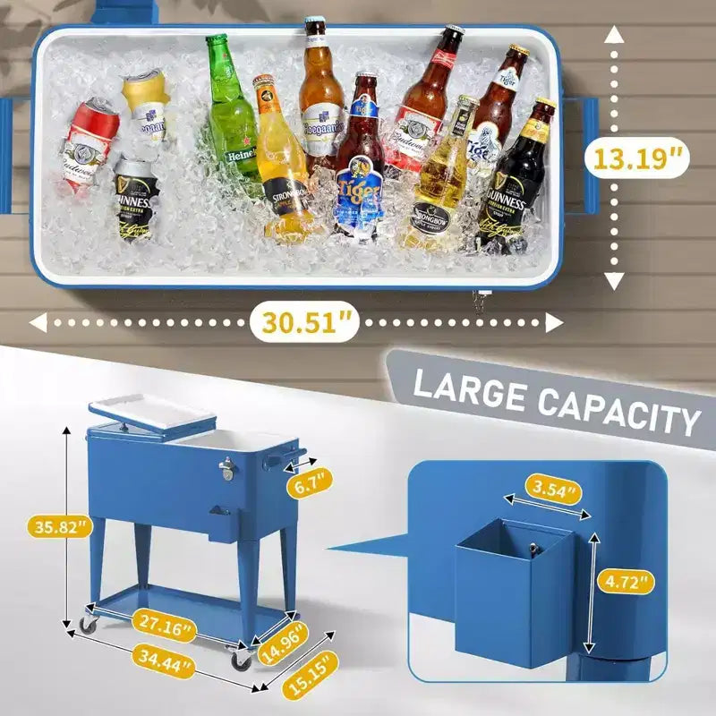 Glacière roulante 80 pintes, chariot de bar portable avec bac de récupération, plateau de rangement inférieur pour terrasse, barbecue, plage, bleu, 34.3*15.2*35.8