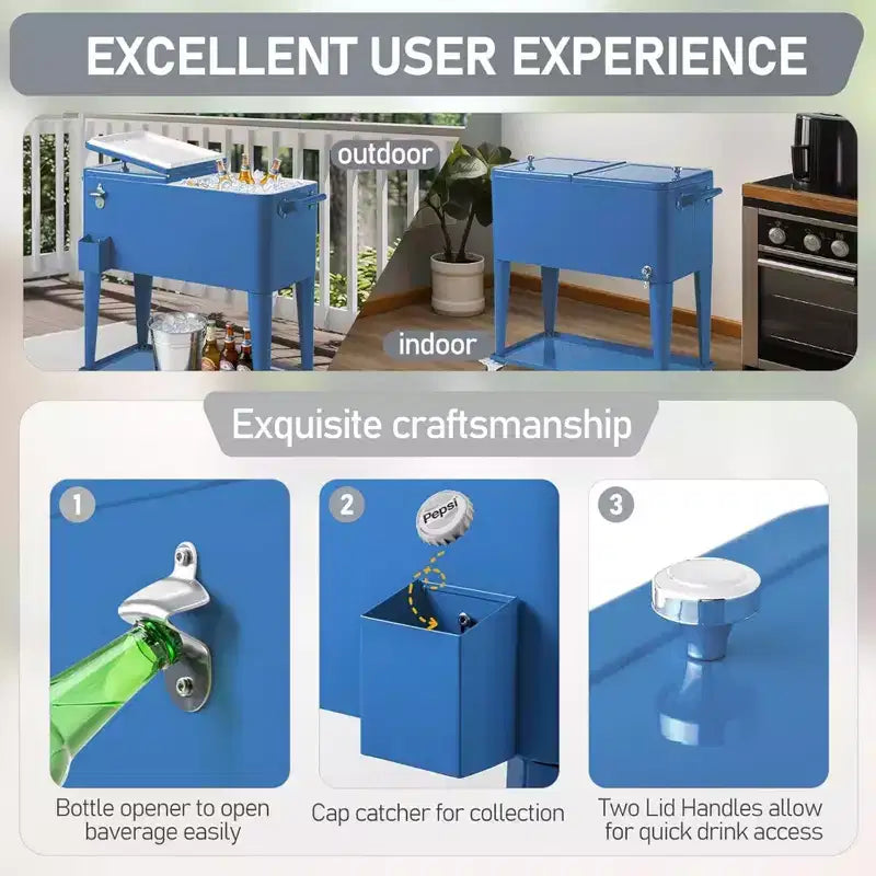 Glacière roulante 80 pintes, chariot de bar portable avec bac de récupération, plateau de rangement inférieur pour terrasse, barbecue, plage, bleu, 34.3*15.2*35.8