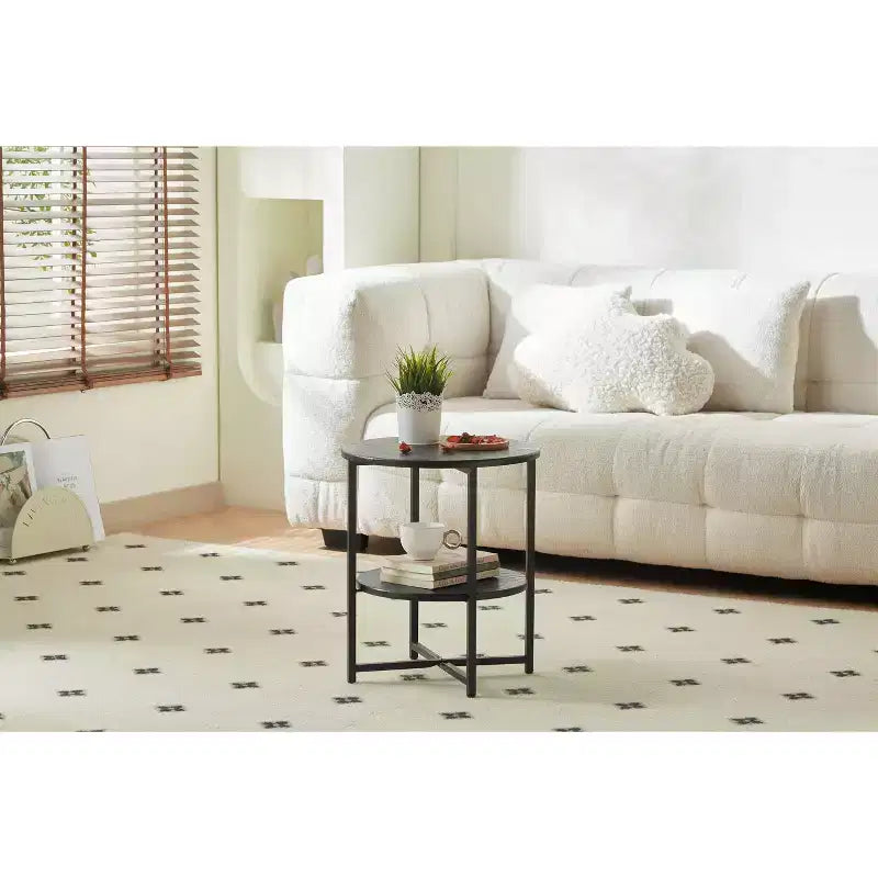 Table d'appoint ronde de style rustique avec pieds entrecroisés, table de chevet avec étagère inférieure, table de canapé pour salon, chambre à coucher, noire