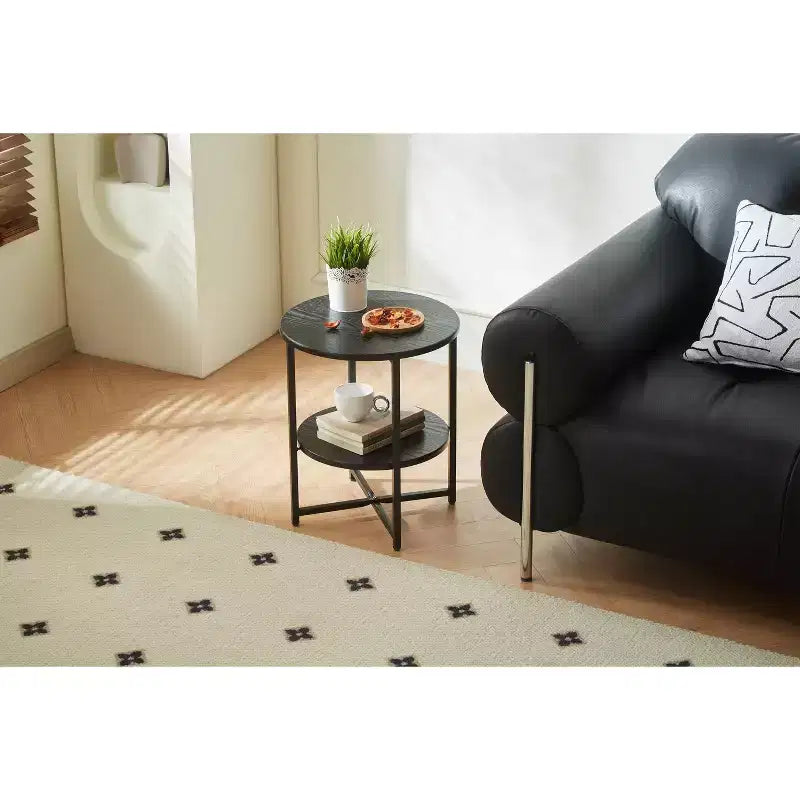 Table d'appoint ronde de style rustique avec pieds entrecroisés, table de chevet avec étagère inférieure, table de canapé pour salon, chambre à coucher, noire