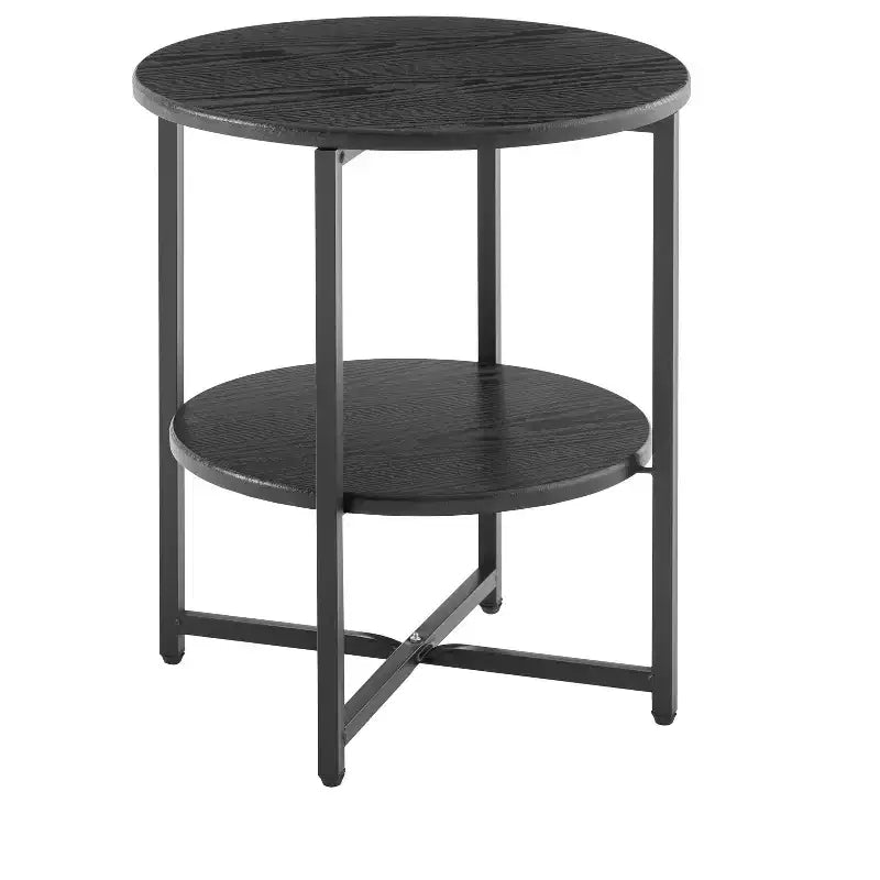 Table d'appoint ronde de style rustique avec pieds entrecroisés, table de chevet avec étagère inférieure, table de canapé pour salon, chambre à coucher, noire