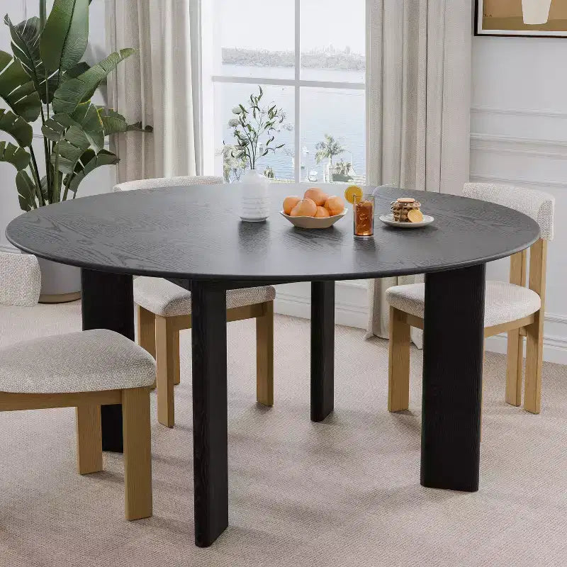 Table de salle à manger ronde moderne de 150 cm pour 6-8 personnes, plateau en bois dense et base stable, noir