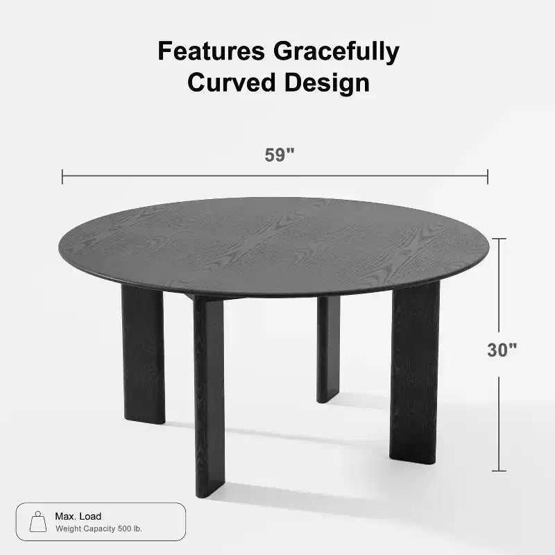 Table de salle à manger ronde moderne de 150 cm pour 6-8 personnes, plateau en bois dense et base stable, noir