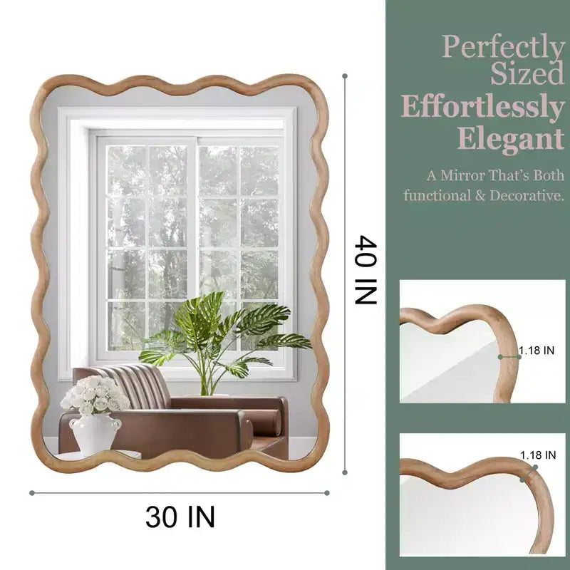 Miroir décoratif 30 x 40 en bois massif rectangulaire ondulé, miroir mural moderne de style ferme pour chambre, salle de bain, salon, entrée, bois naturel