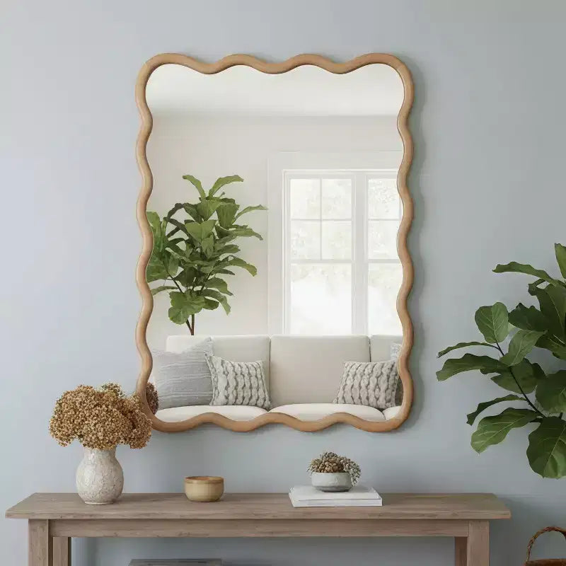 Miroir décoratif 30 x 40 en bois massif rectangulaire ondulé, miroir mural moderne de style ferme pour chambre, salle de bain, salon, entrée, bois naturel