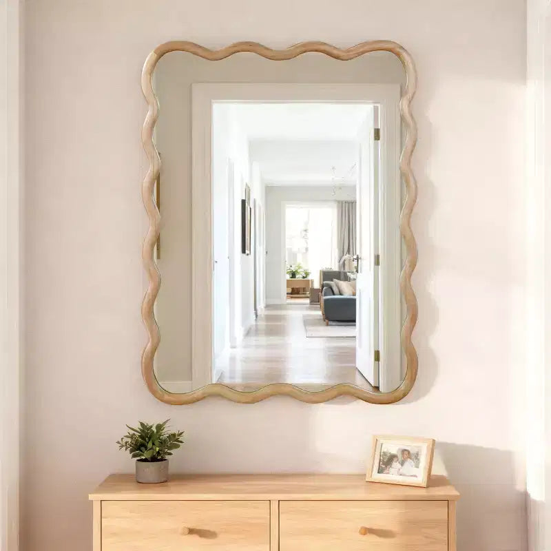 Miroir décoratif 30 x 40 en bois massif rectangulaire ondulé, miroir mural moderne de style ferme pour chambre, salle de bain, salon, entrée, bois naturel