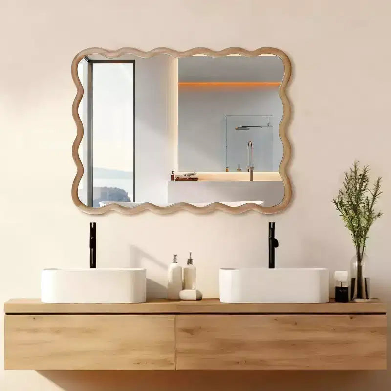 Miroir décoratif 30 x 40 en bois massif rectangulaire ondulé, miroir mural moderne de style ferme pour chambre, salle de bain, salon, entrée, bois naturel