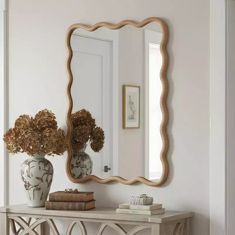 Miroir décoratif 30 x 40 en bois massif rectangulaire ondulé, miroir mural moderne de style ferme pour chambre, salle de bain, salon, entrée, bois naturel