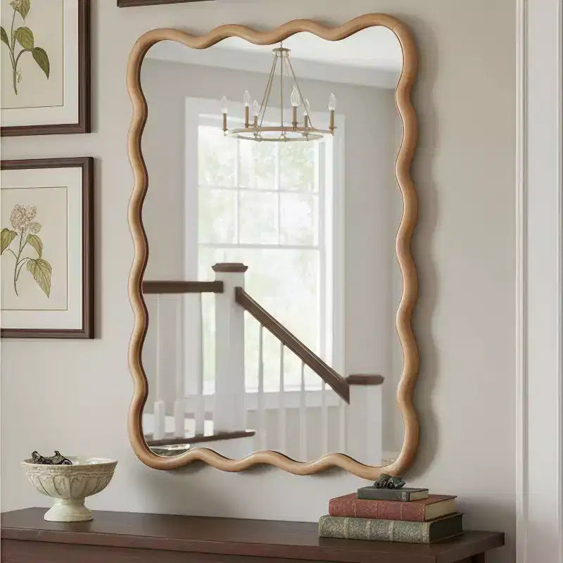 Miroir décoratif 30 x 40 en bois massif rectangulaire ondulé, miroir mural moderne de style ferme pour chambre, salle de bain, salon, entrée, bois naturel