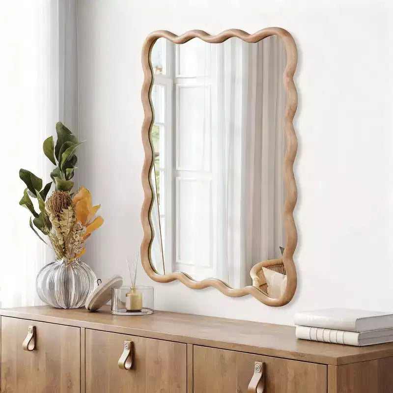 Miroir décoratif 30 x 40 en bois massif rectangulaire ondulé, miroir mural moderne de style ferme pour chambre, salle de bain, salon, entrée, bois naturel