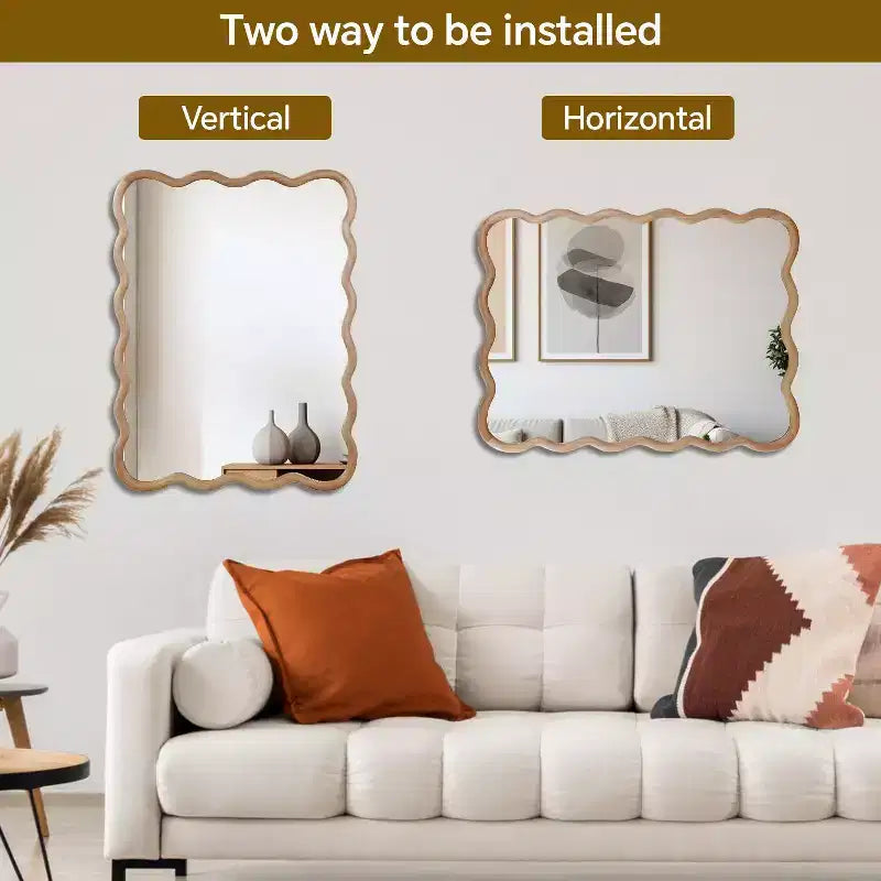 Miroir décoratif 30 x 40 en bois massif rectangulaire ondulé, miroir mural moderne de style ferme pour chambre, salle de bain, salon, entrée, bois naturel