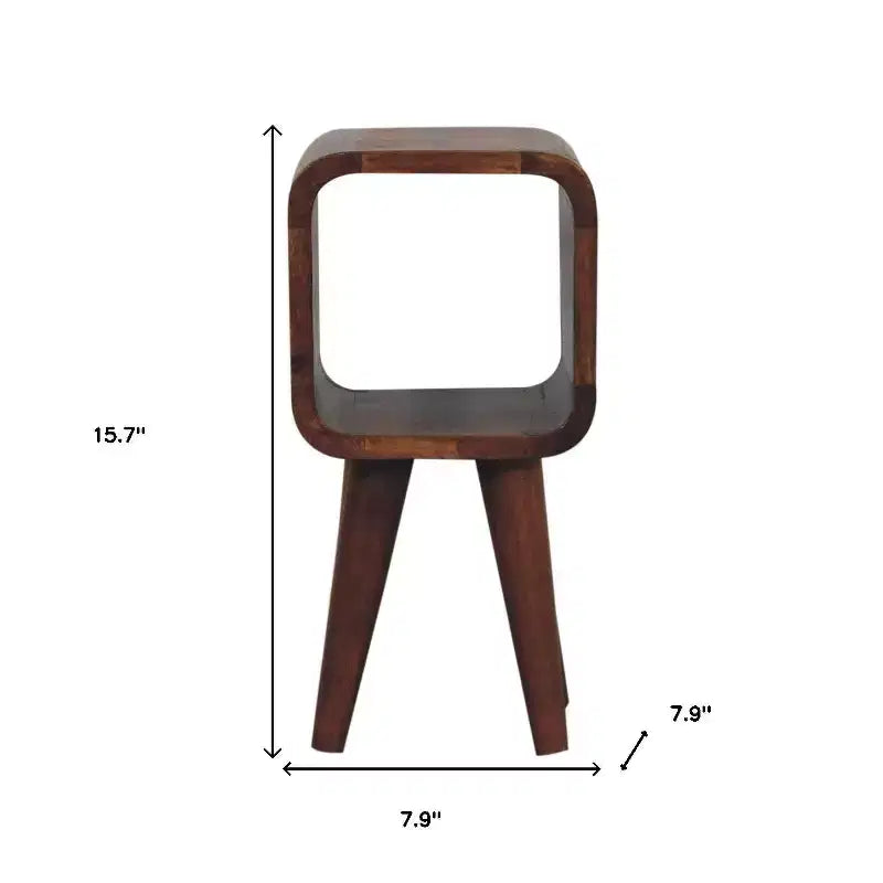 Table de chevet carrée de 16 po en bois de manguier massif, teinte châtaignier, avec tablette ouverte et pieds évasés