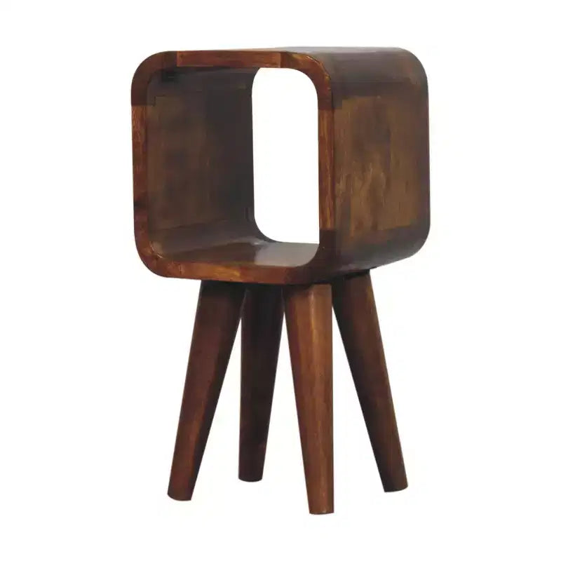 Table de chevet carrée de 16 po en bois de manguier massif, teinte châtaignier, avec tablette ouverte et pieds évasés