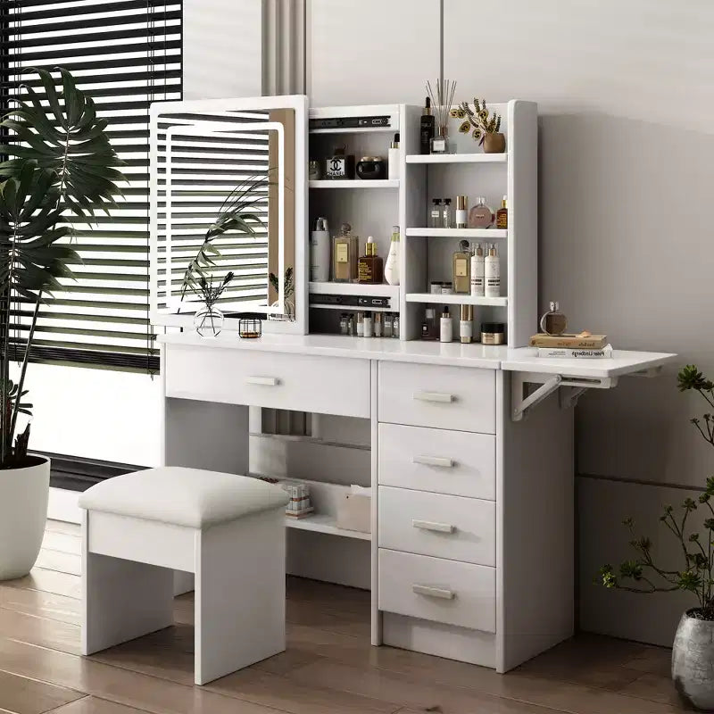 Coiffeuse-miroir moderne de 110 cm avec lumières, 1 chaise, 5 tiroirs et étagères ouvertes