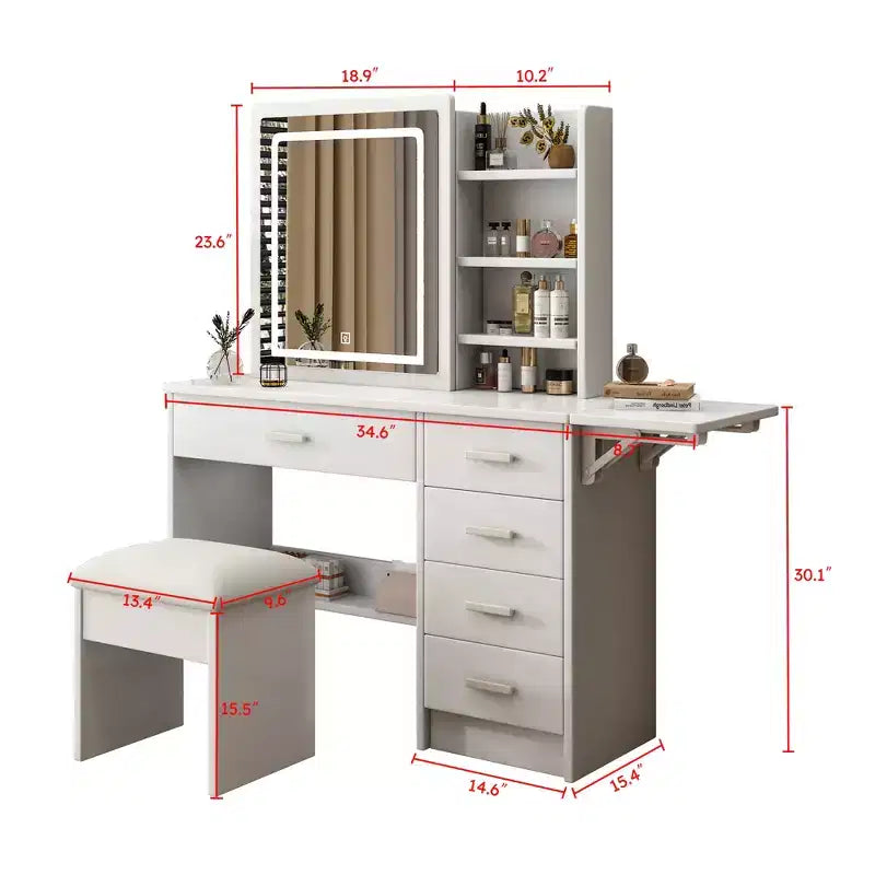 Coiffeuse-miroir moderne de 110 cm avec lumières, 1 chaise, 5 tiroirs et étagères ouvertes