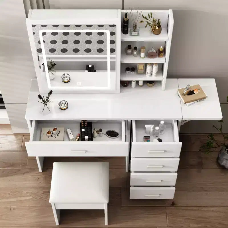 Coiffeuse-miroir moderne de 110 cm avec lumières, 1 chaise, 5 tiroirs et étagères ouvertes