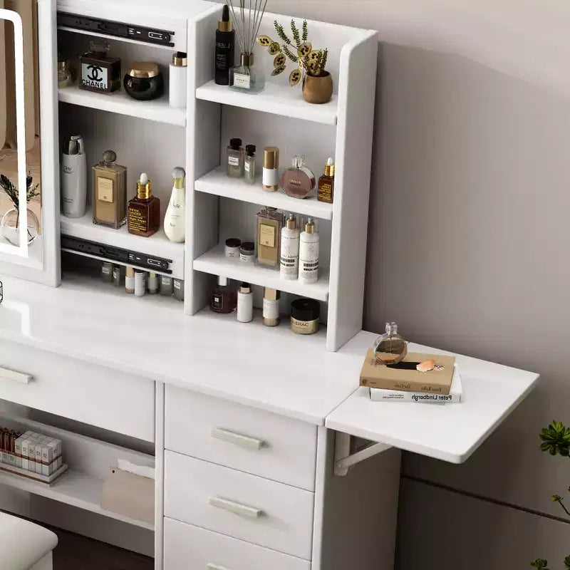 Coiffeuse-miroir moderne de 110 cm avec lumières, 1 chaise, 5 tiroirs et étagères ouvertes