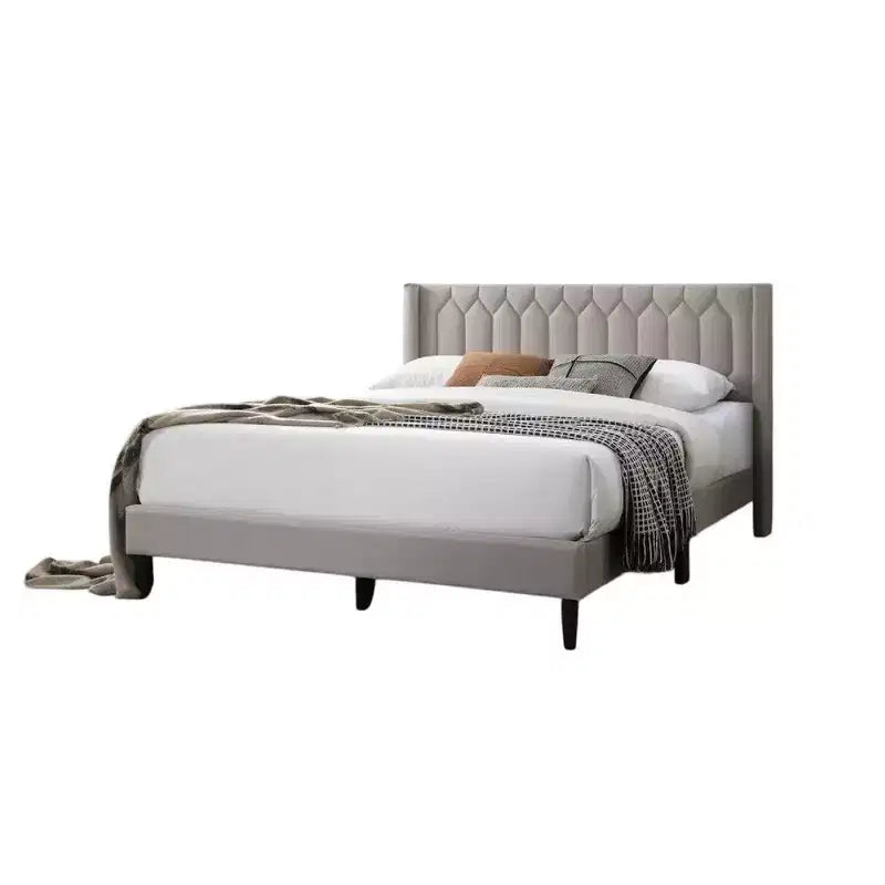 Lit plateforme Queen Size, rembourrage en toile de jute marron clair à motifs géométriques, sommier à lattes, aucun sommier tapissier requis