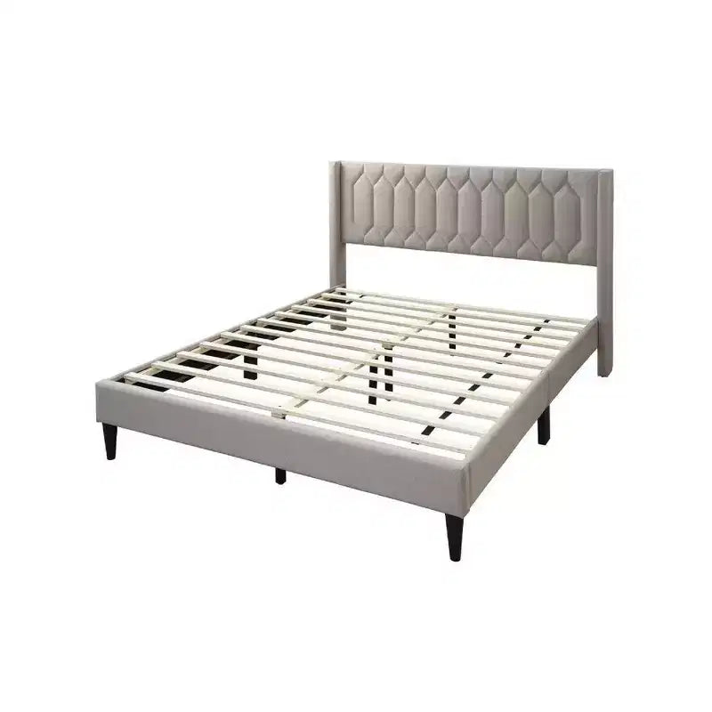Lit plateforme Queen Size, rembourrage en toile de jute marron clair à motifs géométriques, sommier à lattes, aucun sommier tapissier requis