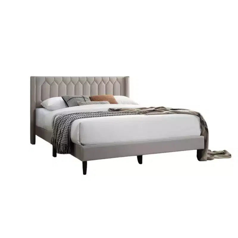 Lit plateforme Queen Size, rembourrage en toile de jute marron clair à motifs géométriques, sommier à lattes, aucun sommier tapissier requis