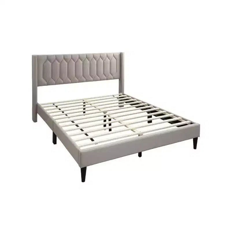 Lit plateforme Queen Size, rembourrage en toile de jute marron clair à motifs géométriques, sommier à lattes, aucun sommier tapissier requis