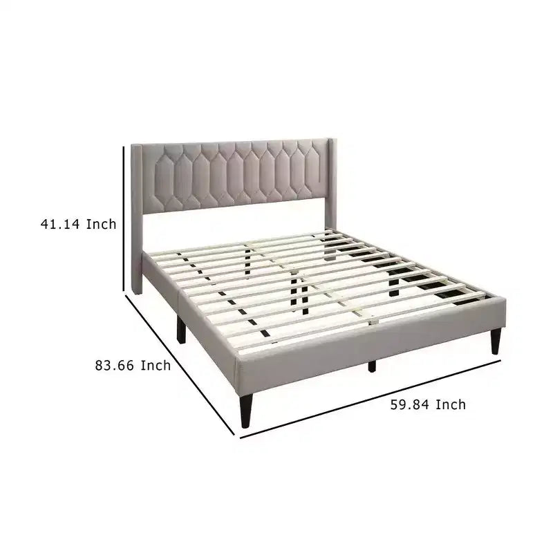Lit plateforme Queen Size, rembourrage en toile de jute marron clair à motifs géométriques, sommier à lattes, aucun sommier tapissier requis