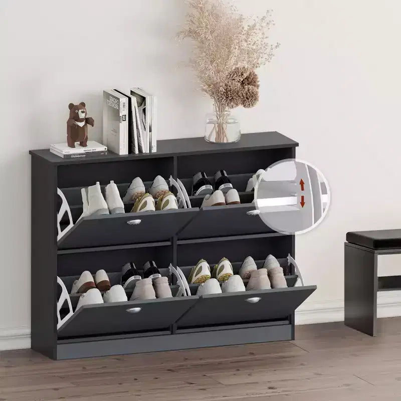 Meuble à chaussures étroit mi-siècle avec 4 tiroirs à abattant, meuble à chaussures autoportant pour hall d'entrée, entrées