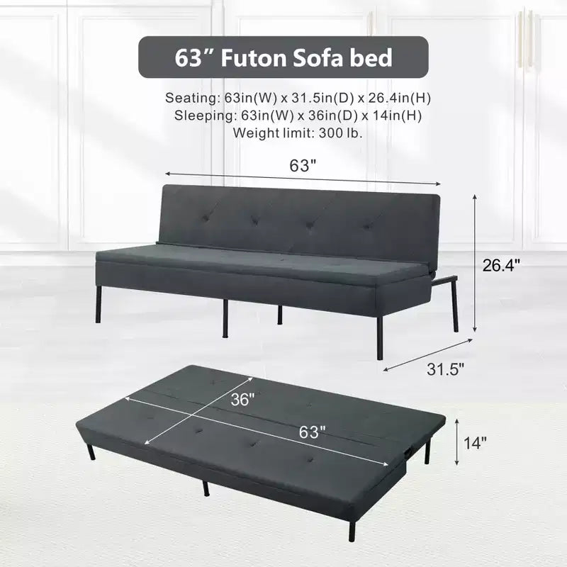 63,39 po Canapé-Lit Futon, Dossier Ajustable sur 5 Positions, Cadre Entièrement en Fer, Revêtement en Polyester