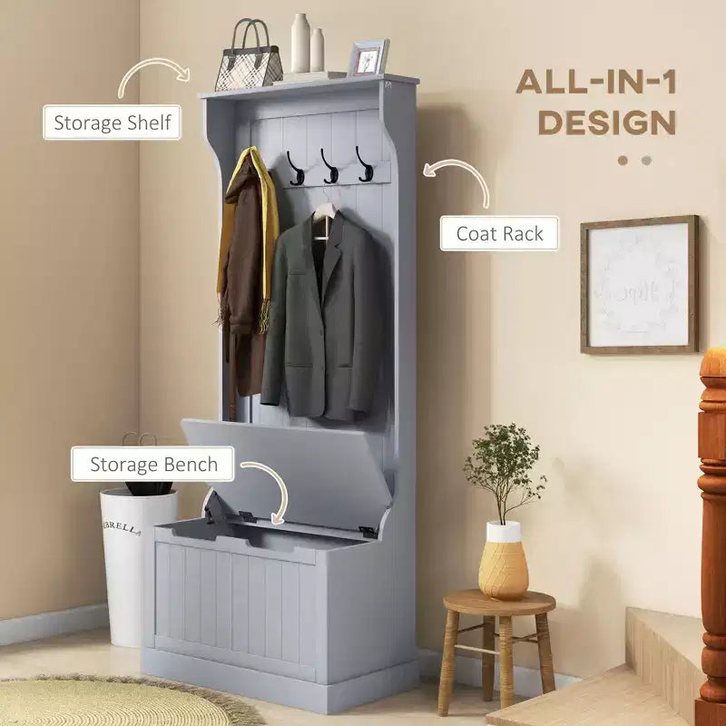 Arbre à chaussures de 28 pouces pour entrée avec 4 crochets en métal, porte-manteau avec rangement à chaussures et porte supérieure, porte-manteau autoportant pour salon, entrée, gris