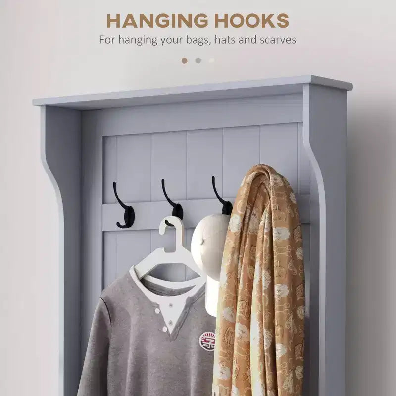 Arbre à chaussures de 28 pouces pour entrée avec 4 crochets en métal, porte-manteau avec rangement à chaussures et porte supérieure, porte-manteau autoportant pour salon, entrée, gris