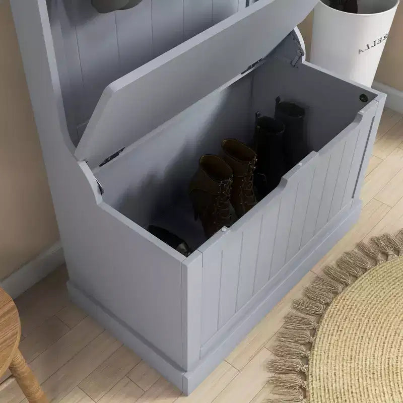 Arbre à chaussures de 28 pouces pour entrée avec 4 crochets en métal, porte-manteau avec rangement à chaussures et porte supérieure, porte-manteau autoportant pour salon, entrée, gris