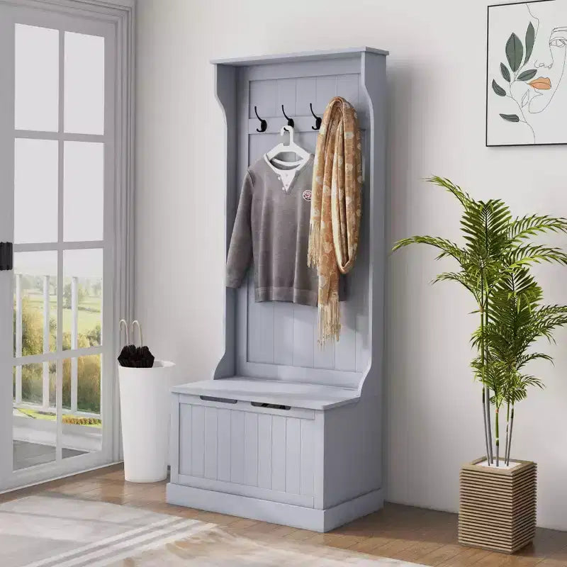 Arbre à chaussures de 28 pouces pour entrée avec 4 crochets en métal, porte-manteau avec rangement à chaussures et porte supérieure, porte-manteau autoportant pour salon, entrée, gris