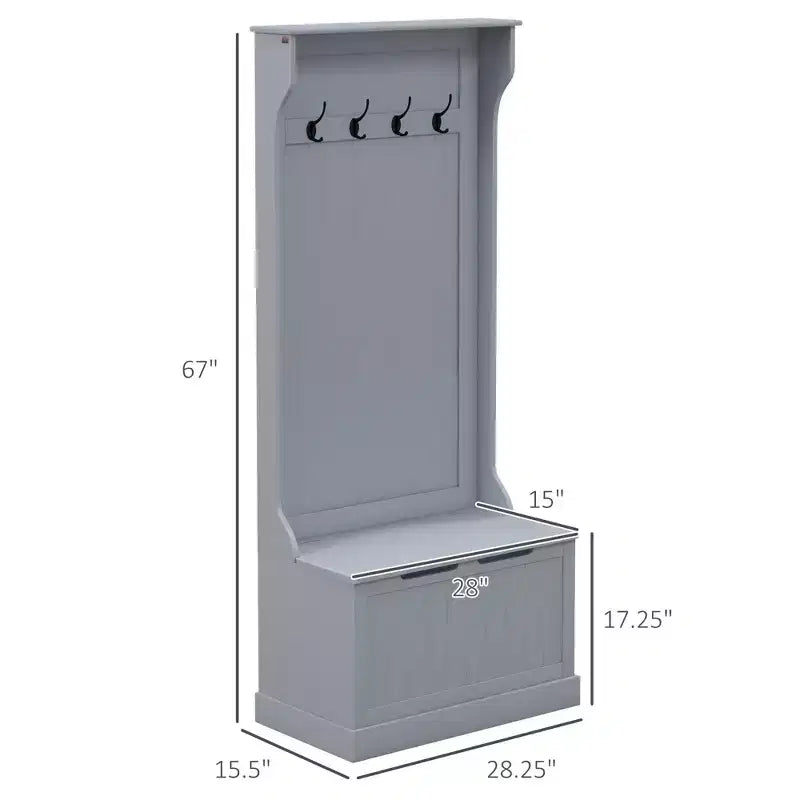 Arbre à chaussures de 28 pouces pour entrée avec 4 crochets en métal, porte-manteau avec rangement à chaussures et porte supérieure, porte-manteau autoportant pour salon, entrée, gris
