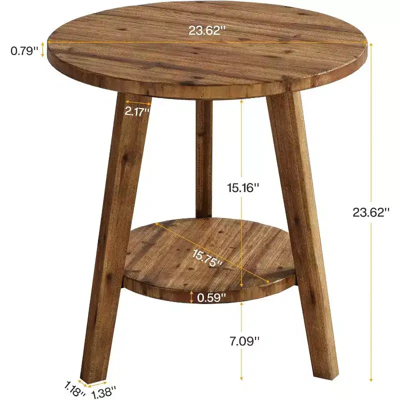 Table d'appoint ronde en bois massif, table de chevet de ferme à 2 niveaux avec étagère de rangement, table de nuit pour salon, chambre, montage facile
