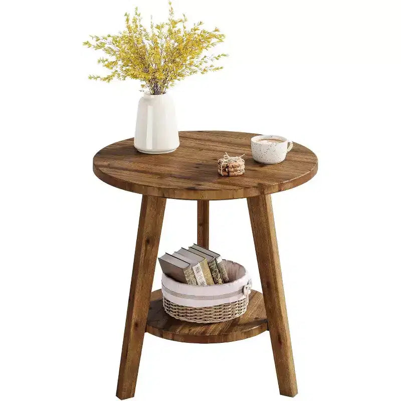 Table d'appoint ronde en bois massif, table de chevet de ferme à 2 niveaux avec étagère de rangement, table de nuit pour salon, chambre, montage facile