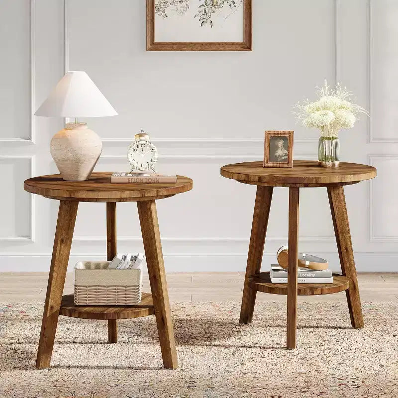 Table d'appoint ronde en bois massif, table de chevet de ferme à 2 niveaux avec étagère de rangement, table de nuit pour salon, chambre, montage facile
