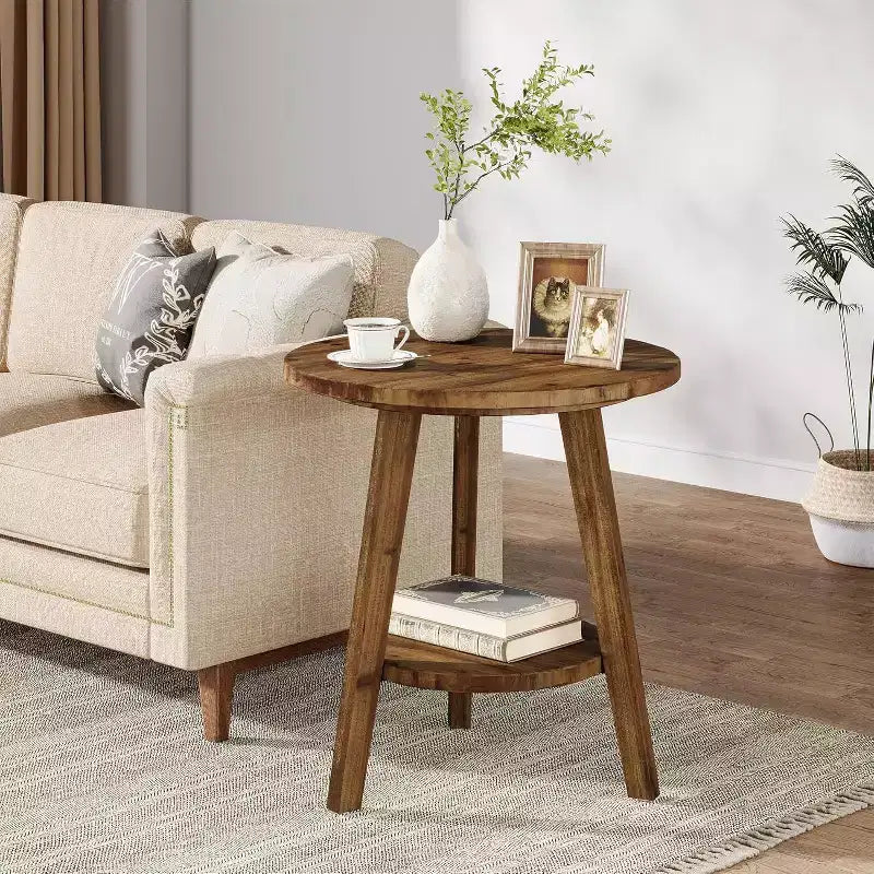 Table d'appoint ronde en bois massif, table de chevet de ferme à 2 niveaux avec étagère de rangement, table de nuit pour salon, chambre, montage facile