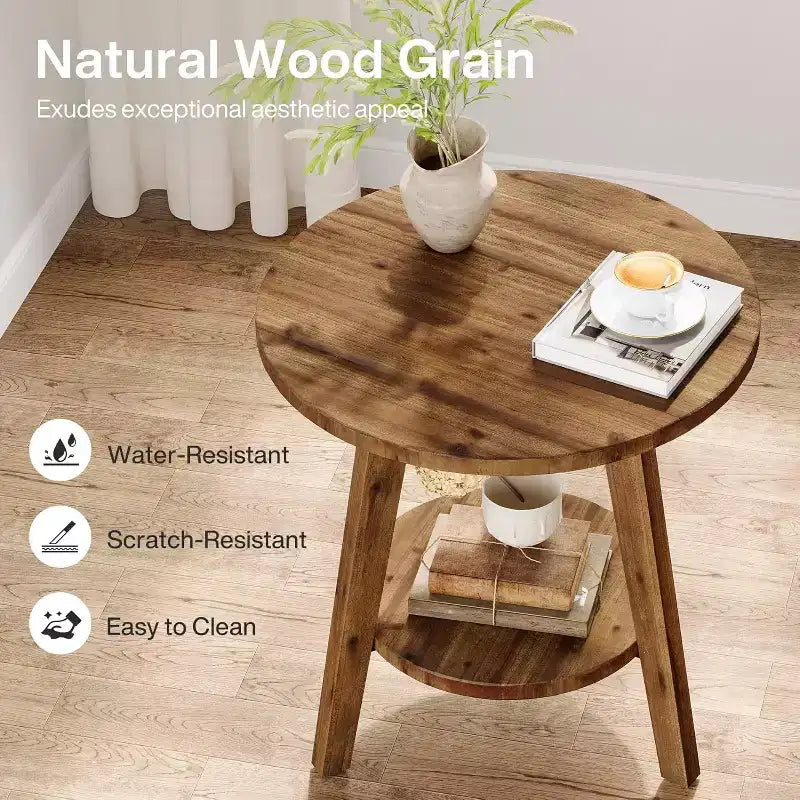 Table d'appoint ronde en bois massif, table de chevet de ferme à 2 niveaux avec étagère de rangement, table de nuit pour salon, chambre, montage facile