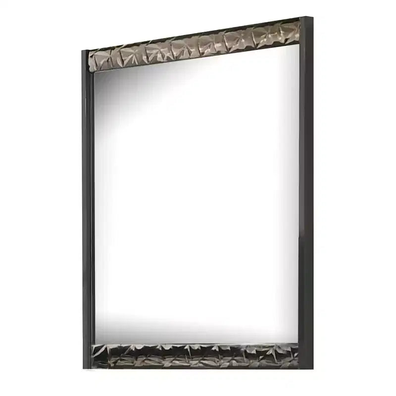Miroir de commode 36x40 po, rectangulaire, moulure géo chromée, gris cendré, cadre en bois d'hévéa massif