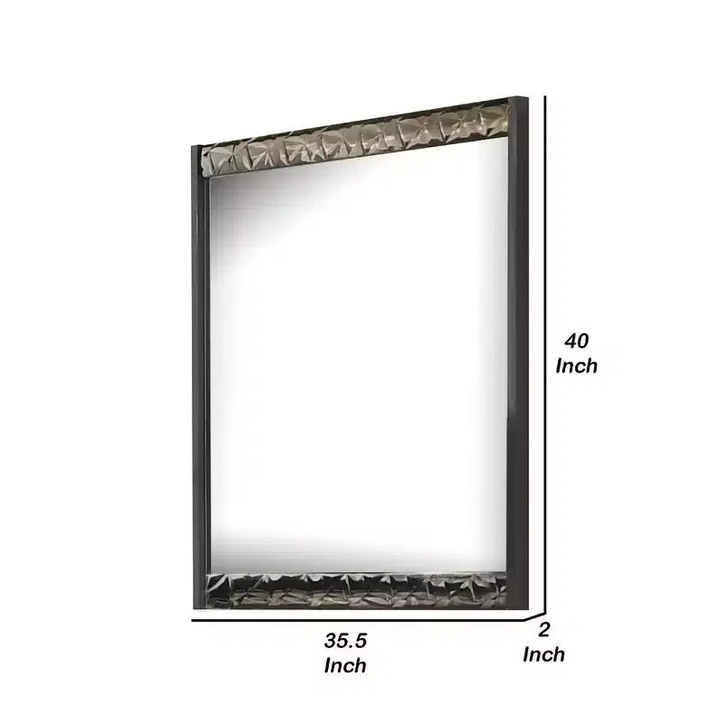 Miroir de commode 36x40 po, rectangulaire, moulure géo chromée, gris cendré, cadre en bois d'hévéa massif