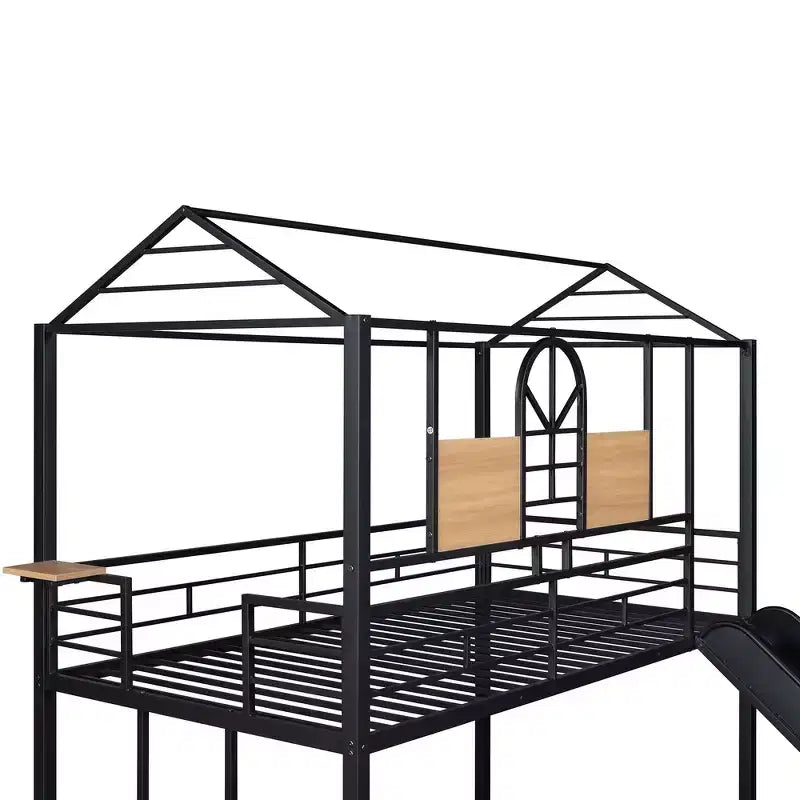 Lit superposé jumeau sur jumeau et lit cabane, cadre de lit en métal avec toboggan et garde-corps, 6 ans et plus