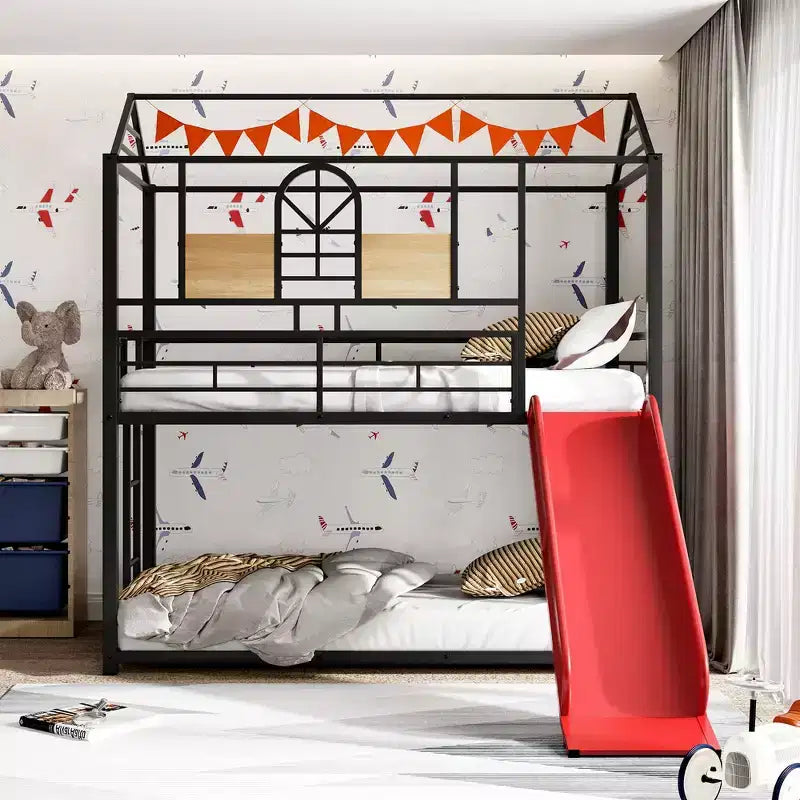 Lit superposé jumeau sur jumeau et lit cabane, cadre de lit en métal avec toboggan et garde-corps, 6 ans et plus