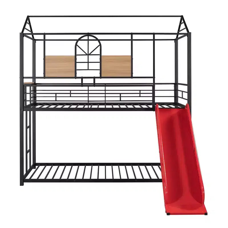 Lit superposé jumeau sur jumeau et lit cabane, cadre de lit en métal avec toboggan et garde-corps, 6 ans et plus